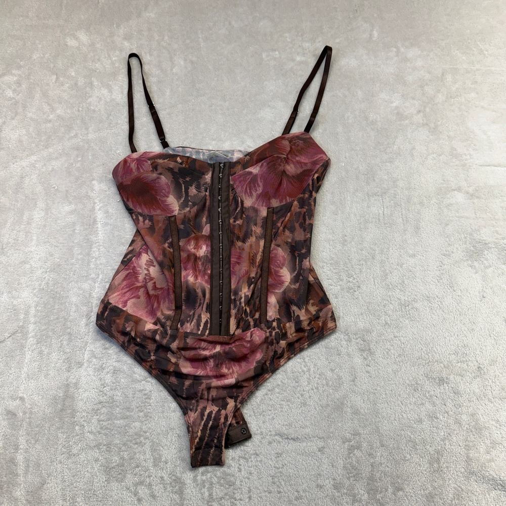 Floral Lace-Print Bodysuit with Front Hook Closure - Pink/Brown